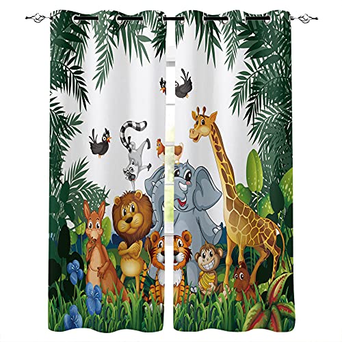 SDSONIU Tropische Dschungel-Cartoon-Tier-Giraffenlöwe Lion Elefant Vorhang für Kinder Schlafzimmer Wohnzimmer Kindervorhänge 3D Kinderzimmer Verdunkelungsvorhänge 170 x 200 cm von SDSONIU