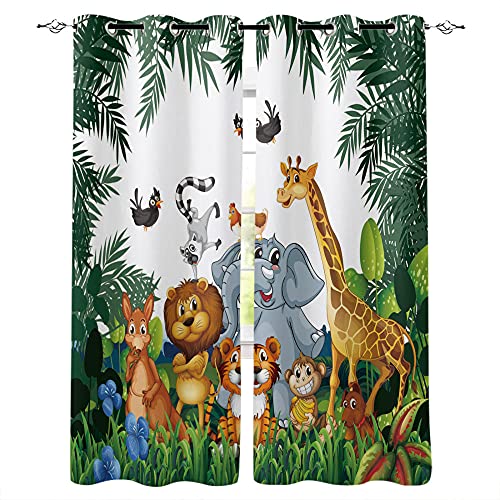 SDSONIU Tropische Dschungel-Cartoon-Tier-Giraffenlöwe Lion Elefant Vorhang für Kinder Schlafzimmer Wohnzimmer Kindervorhänge Gardinen Kinderzimmer Blickdicht Vorhang Verdunkelungsvorhänge Wärmeisolier von SDSONIU