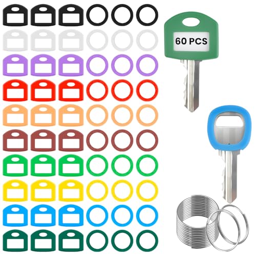 SDTC Tech 60-teiliges Set mit bunten Abdeckungen mit leeren Etiketten und transparenten Fenstern, passend für Standard-Hausschlüssel (ohne ungerade Formen), 2 Stile von SDTC Tech