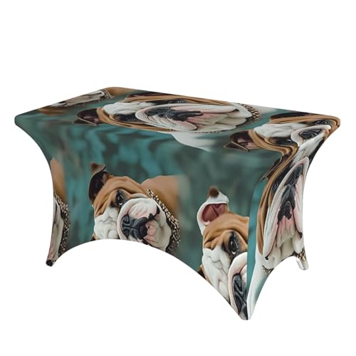 SDTYKHJ Elastan-Stretch-Tischdecke, wasserdicht, strapazierfähig, lustige englische Bulldogge, abwischbar, knitterfrei, Bauernhaus, Esstischabdeckung für Party, Bankett, Urlaub von SDTYKHJ