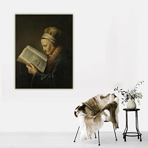 Druck auf Leinwand《alte Frau liest Buch Malerei》Gerrit Dou Leinwand Ölgemälde Poster Bild Heimdekoration Malerei 60x80cm Rahmenlos von SDVIB