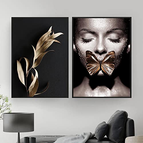 Mädchen mit Schmetterling abstrakte Kunst Leinwand Malerei Nordic Golden Leaf Poster und Drucke Wandbilder für Wohnzimmer Wohnkultur19,6 "x 27,5" (50 x 70 cm) x 2 Kein Rahmen von SDVIB