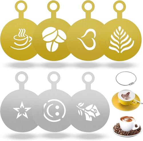 SDwfxd 7 Stück Kaffeeschablonen Zubehör, Edelstahl Kaffee Dekoration Schablonen mit 1 Stück Stahldrahtring für DIY Cappuccino, Schokolade, Kuchen SDwfxd 7 Stück Kaffeeschablonen Zubehör, Edelstahl Kaffee Dekoration Schablonen mit 1 Stück Stahldrahtring für DIY Cappuccino, Schokolade, Kuchen von SDwfxd