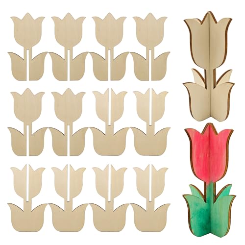 SEABABOO Tulpen Aus Holz Deko 6 Stück Tulpen Basteln Aus Holz Unvollendete Holztulpen Holztulpe Diy Dekoration Holzblumen Zum Bemalen Für Diy Malerei Basteln Desktop Deko (Höhe 12CM) von SEABABOO