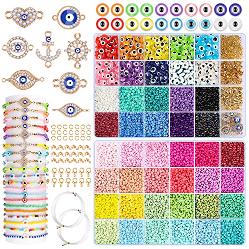 SEANTUA Perlen zum Auffädeln Evil Eye - 19999 Glasperle armband set selber machen, Perlen Set für Mädchen Kind Frauen, 34 Farben Samen Perle Kit für Armband Halskette von SEANTUA