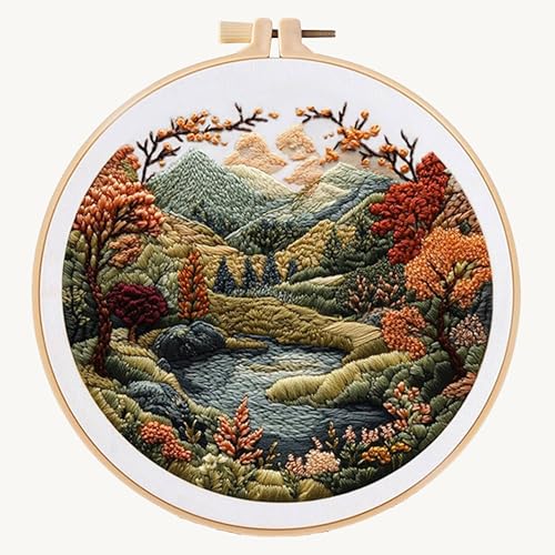 SEBOVIM Stickset für Anfänger, Boho-Naturlandschaft, vorgestanzte Muster-Sets für Erwachsene mit Reifen, leicht verständliche Farbfaden-Handarbeit von SEBOVIM
