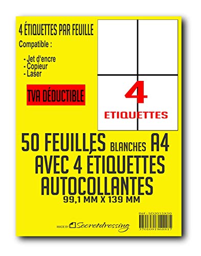 A4 Bögen mit 4 selbstklebenden Etiketten, Papier, 99,1 x 139 mm, Weiß 50 feuilles von SECRETDRESSING