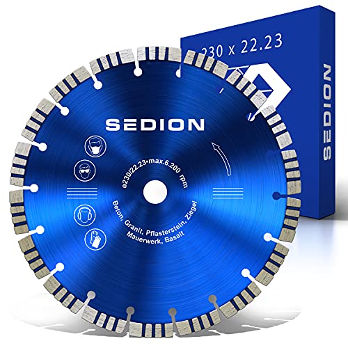 SEDION ® Diamanttrennscheibe 230 mm - Trennscheibe zum Trennen von Stein Beton Stahlbeton Pflastersteine Klinker Granit Asphalt Basalt - 230mm x 22,23 - Sedion Premium Qualität - Diamant Steinscheibe von SEDION
