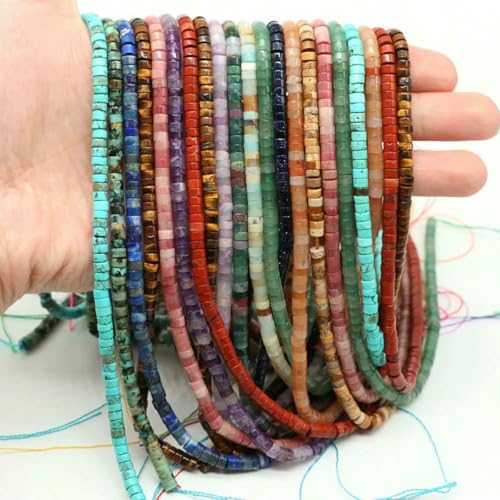 2 x 4,0 mm flache runde Naturstein-Abstandsperlen, Amethyst, Lapislazuli, lose Edelstein-Rondelle-Perle zur Schmuckherstellung, DIY-Armband, Halskette – Stein – 20 Stränge von SEDRGH