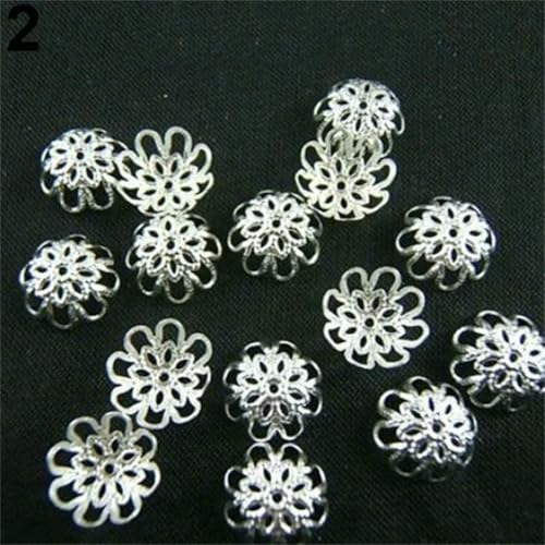 200 Stück 10 mm Hohlblumen-Perlenkappen aus Metall, DIY-Perlenverbinder, modisches Schmuckzubehör, Silber, 10 mm von SEDRGH