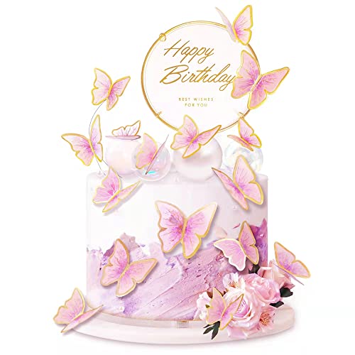 Tortenaufsätze Schmetterling und „Happy Birthday“ aus goldfarbenem Metall, Dekorationen für Geburtstagkuchen, Party-Dekorationen, Rosa/Gold, 11 Stück von SEERMIA