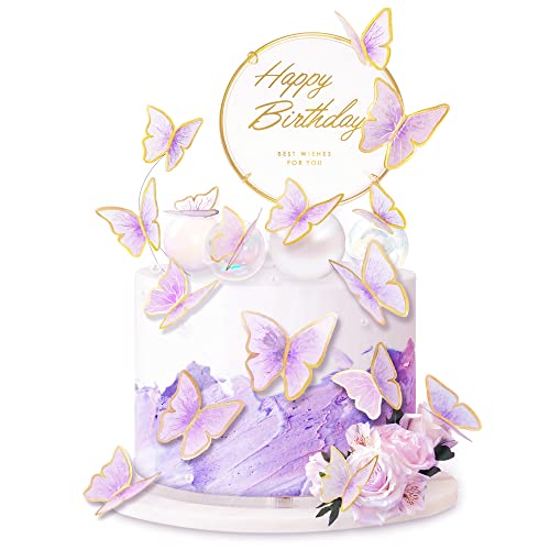 Tortenaufsätze Schmetterling und „Happy Birthday“ aus goldfarbenem Metall, Dekorationen für Geburtstagkuchen, Party-Dekorationen, Violett/Gold, 11 Stück von SEERMIA