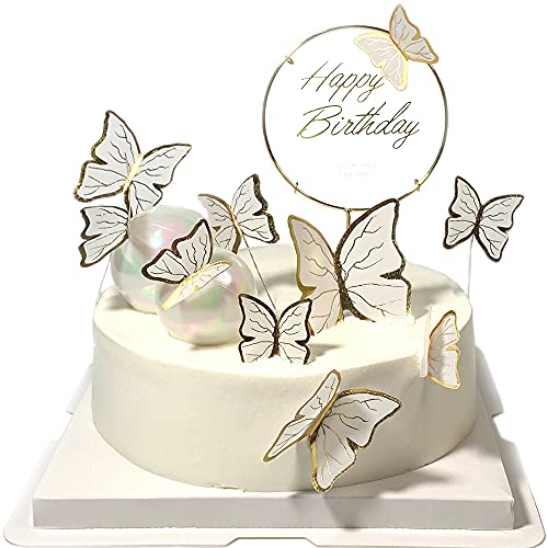Tortenaufsätze Schmetterling und „Happy Birthday“ aus goldfarbenem Metall, Dekorationen für Geburtstagkuchen, Party-Dekorationen, Weiß/Gold, 11 Stück von SEERMIA