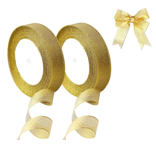 Geschenkband-Set für Weihnachten, 2 Rollen, 20 mm breit x 22 m, rotes und grünes Satinband für Weihnachtsschleifen, Bastelarbeiten, Kuchendekorationen, Urlaubsdekorationen (Golden) von SEGXN