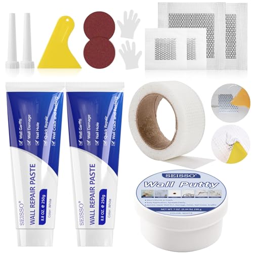 SEISSO 700g Spachtelmasse Weiß Innen - 2x 250g Wandreparatur Crème,1x 200g Wandreparatur Spachtel,1x Selbstklebendes Klebeband, 4x Wandreparatur Patch, Wand Risse, Kratzer, Graffiti, Peeling von SEISSO