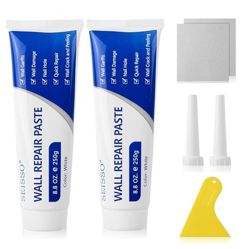 SEISSO Spachtelmasse Weiß Innen 500g, Fertigspachtel Spachtelmasse Wand Set mit Spachtelmasse,Schleifpapier und Schaber für die schnelle Reparatur von Rissen,Bohrloch Füllung von SEISSO