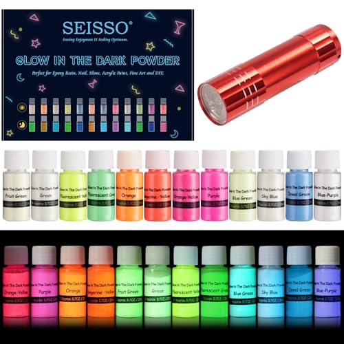 SEISSO Fluoreszierendes Leuchtpulver, Epoxidharz Leuchtpulver Mica Pulver Leuchtpulver Set mit UV Lampe, Fluoreszierende Farbe, ideal für DIY-Projekte von SEISSO