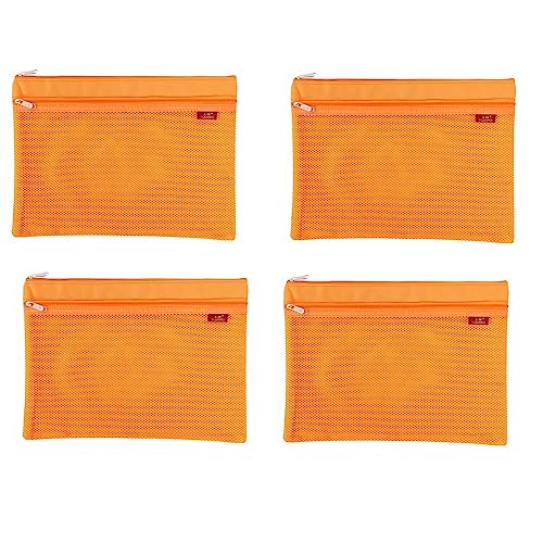 4 Stück A4 Netz-Datei-Reißverschlusstaschen, Ordner-Brieftaschen, Netz-Reißverschlusstasche, Nylon, transparent, Netztasche, wasserdicht, Doppelreißverschluss, für Schule, Büro, Reisen, Orange von SEIWEI