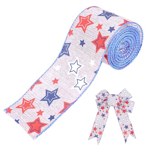 Patriotics Drahtbänder mit Sternen, Jutebänder, 50 m, Patriotik-Bänder für Kranz, 4. Juli, Geschenkband, weiße und blaue Bänder von SELiLe