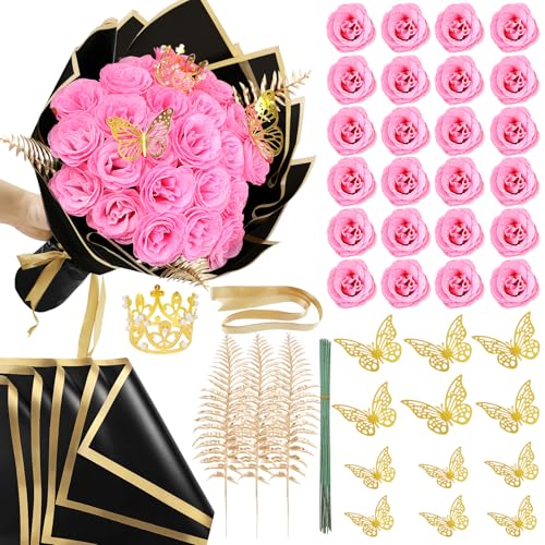 SEMONONIA Glitzer-Rosenstrauß zum Selbermachen, 24 Stück, Hot Pink, künstliche Glitzer-Rosen mit Stielen, Geschenkpapier, 3D-Schmetterlinge, Kronen für Abschlussfeiern, Jahrestag, Geburtstag von SEMONONIA