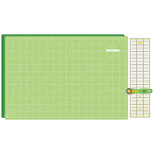 SEMPLIX Schneidematten Set - Schneideunterlage 90 x 60 cm (A1), Rollschneider Maxi 45 mm, Patchwork Lineal 60x15 cm (hellgrün/grün) von SEMPLIX