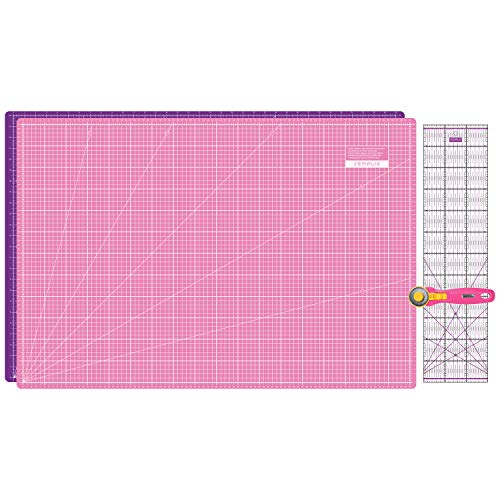 SEMPLIX Schneidematten Set - Schneideunterlage 90 x 60 cm (A1), Rollschneider Maxi 45 mm, Patchwork Lineal 60x15 cm (pink/lila) von SEMPLIX