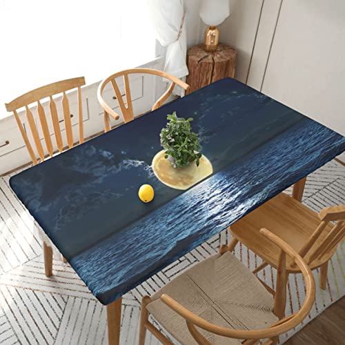 Mond und Meer Druck, elastische Tischdecke, elastische Kanten, abwischbare Tischdecke für Outdoor, Terrasse, Küche und Esszimmer von SEMRUAG