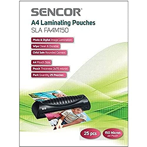 Sencor SLA FA4M150 A4-Laminierfolien, Foliengröße A4, Laminieren von Fotos, Bildern oder Dokumenten, Glänzend, transparent und dauerhaft, 150 mikron, 25 Stücke Sencor SLA FA4M150 A4-Laminierfolien, Foliengröße A4, Laminieren von Fotos, Bildern oder Dokumenten, Glänzend, transparent und dauerhaft, 150 mikron, 25 Stücke von SENCOR