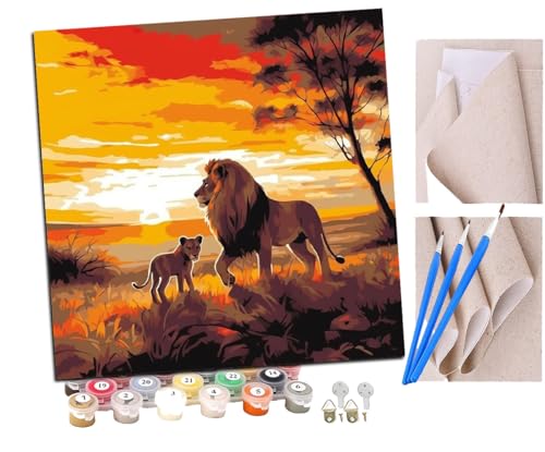 Malen Nach Zahlen Erwachsene Afrikanischer Savannenlöwe mit Jungtier (3) DIY Handgemalt Ölgemälde Leinwand Kits Mit Pinsels und Acrylfarbe Als Geschenke und Heimdekoration Ohne Rahmen 40 x 40 cm von SENDJJ
