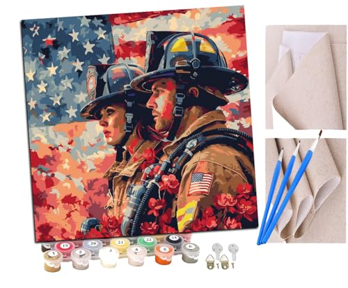 Malen Nach Zahlen Erwachsene Amerikanische Flagge und heldenhafte Feuerwehrleute (3) DIY Handgemalt Ölgemälde Leinwand Kits Mit Pinsels und Acrylfarbe Als Geschenke und Heimdekoration 40 x 40 cm von SENDJJ