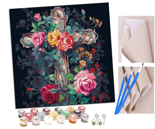 Malen Nach Zahlen Erwachsene Christliches Kreuz Rosenzweige (2) DIY handgemaltes Ölgemälde Set für Anfänger und Erwachsene, Acrylfarbe, Kindergemälde, Kreative Heimdekoration, Geschenk, Weihnachten von SENDJJ