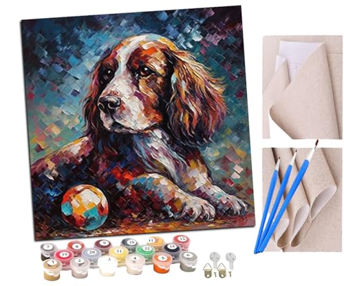 Malen Nach Zahlen Erwachsene Cocker Spaniel und Fußball (3) DIY Handgemalt Ölgemälde Leinwand Kits Mit Pinsels und Acrylfarbe Als Geschenke und Heimdekoration Ohne Rahmen 40 x 40 cm von SENDJJ