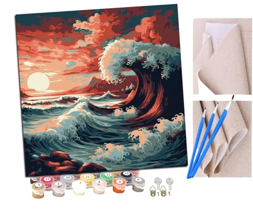 Malen Nach Zahlen Erwachsene Die Meereswellen rollen über den Himmel (2) DIY handgemaltes Ölgemälde Set für Anfänger und Erwachsene, Acrylfarbe, Kindergemälde, Kreative Heimdekoration von SENDJJ