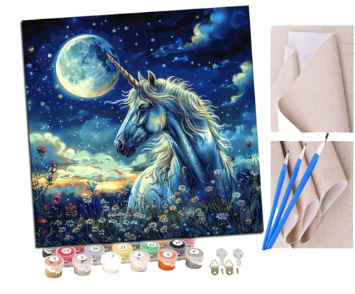 Malen Nach Zahlen Erwachsene Einhorn zwischen Blumen in der Nacht (26) DIY handgemaltes Ölgemälde Set für Anfänger und Erwachsene, Acrylfarbe, Kindergemälde, Kreative Heimdekoration von SENDJJ