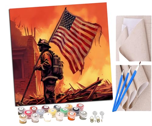 Malen Nach Zahlen Erwachsene Feuerwehrmann mit amerikanischer Flagge (7) DIY Handgemalt Ölgemälde Leinwand Kits Mit Pinsels und Acrylfarbe Als Geschenke und Heimdekoration Ohne Rahmen 40 x 40 cm von SENDJJ