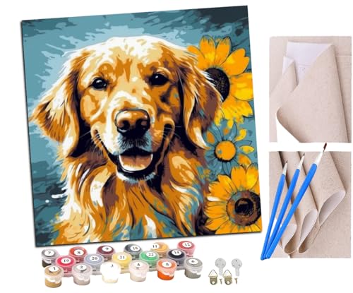 Malen Nach Zahlen Erwachsene Golden Retriever und Sonnenblume (6) DIY handgemaltes Ölgemälde Set für Anfänger und Erwachsene, Acrylfarbe, Kindergemälde, Kreative Heimdekoration von SENDJJ