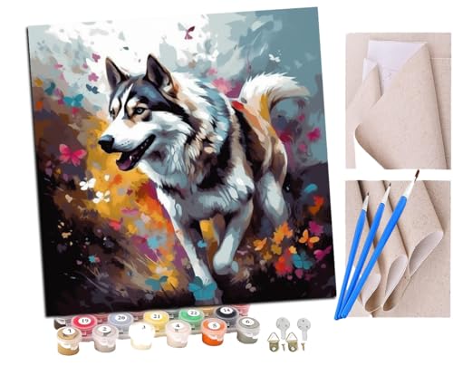 Malen Nach Zahlen Erwachsene Husky jagt Schmetterlinge (4) DIY handgemaltes Ölgemälde Set für Anfänger und Erwachsene, Acrylfarbe, Kindergemälde, Kreative Heimdekoration, Geschenk, Weihnachten von SENDJJ