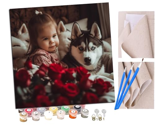 Malen Nach Zahlen Erwachsene Huskybaby und Mädchen mit Rosen (12) DIY handgemaltes Ölgemälde Set für Anfänger und Erwachsene, Acrylfarbe, Kindergemälde, Kreative Heimdekoration von SENDJJ