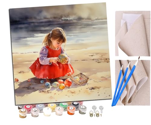 Malen Nach Zahlen Erwachsene Kleines Mädchen spielt am Strand (4) Paint by Numbers diy GemäLde Kit mit Pinsel und Acrylfarbe Als Geschenk für Wanddeko Groß 40x40cm von SENDJJ