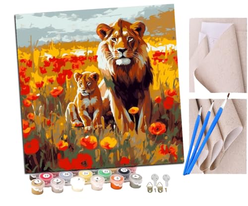 Malen Nach Zahlen Erwachsene Löwe und Löwenjunges auf einem Blumenfeld (1) DIY Handgemalt Ölgemälde Leinwand Kits Mit Pinsels und Acrylfarbe Als Geschenke und Heimdekoration Ohne Rahmen 40 x 40 cm von SENDJJ