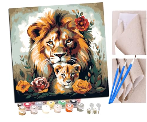 Malen Nach Zahlen Erwachsene Löwen- und Löwenjunges-Kronblumen (8) DIY handgemaltes Ölgemälde Set für Anfänger und Erwachsene, Acrylfarbe, Kindergemälde, Kreative Heimdekoration von SENDJJ