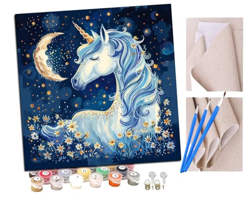Malen Nach Zahlen Erwachsene Mond in der Nacht Einhorn Profil kleine Blumen (7) DIY handgemaltes Ölgemälde Set für Anfänger und Erwachsene, Acrylfarbe, Kindergemälde, Kreative Heimdekoration von SENDJJ