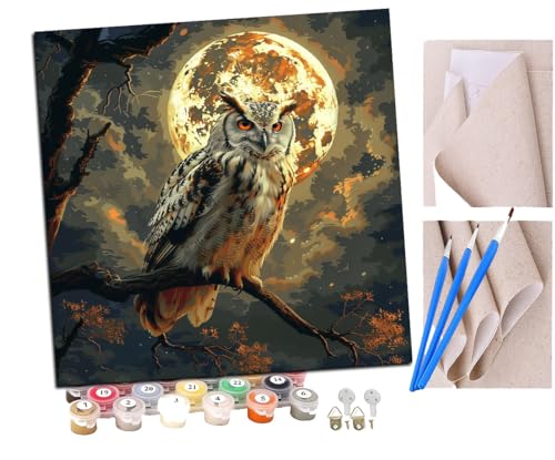Malen Nach Zahlen Erwachsene Nachttiere Eule Großer Mond (11) Paint by Numbers diy GemäLde Kit mit Pinsel und Acrylfarbe Als Geschenk für Wanddeko Groß 40x40cm von SENDJJ