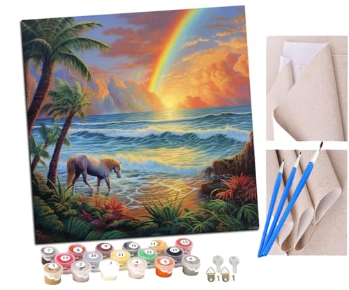 Malen Nach Zahlen Erwachsene Pferd Sonnenaufgang Regenbogen Ozean (2) DIY handgemaltes Ölgemälde Set für Anfänger und Erwachsene, Acrylfarbe, Kindergemälde, Kreative Heimdekoration von SENDJJ
