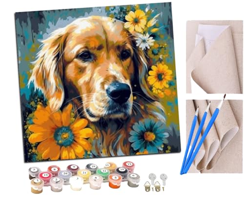 Malen Nach Zahlen Erwachsene Regenbogenfarben ein Golden Retriever Baby (40) DIY Handgemalt Ölgemälde Leinwand Kits Mit Pinsels und Acrylfarbe Als Geschenke und Heimdekoration Ohne Rahmen 40 x 40 cm von SENDJJ