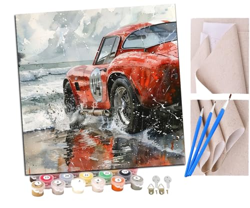 Malen Nach Zahlen Erwachsene Rote Sportwagenkunst am Meer (13) DIY handgemaltes Ölgemälde Set für Anfänger und Erwachsene, Acrylfarbe, Kindergemälde, Kreative Heimdekoration, Geschenk, Weihnachten von SENDJJ