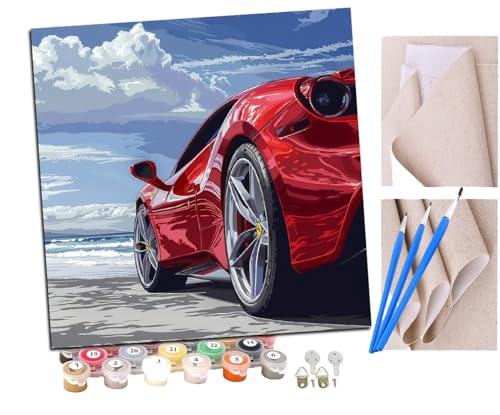 Malen Nach Zahlen Erwachsene Rote Sportwagenkunst am Meer (8) DIY handgemaltes Ölgemälde Set für Anfänger und Erwachsene, Acrylfarbe, Kindergemälde, Kreative Heimdekoration, Geschenk, Weihnachten von SENDJJ