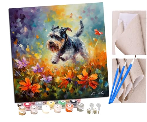 Malen Nach Zahlen Erwachsene Schnauzerbaby bunt spielt mit Ball (8) DIY Handgemalt Ölgemälde Leinwand Kits Mit Pinsels und Acrylfarbe Als Geschenke und Heimdekoration Ohne Rahmen 40 x 40 cm von SENDJJ