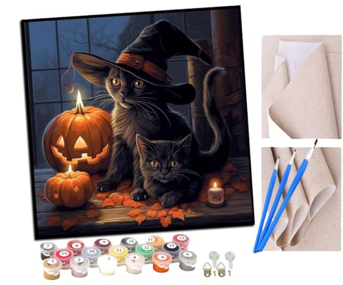 Malen Nach Zahlen Erwachsene Schwarze Katze und Kürbislaternen-Zauberhut (4) DIY handgemaltes Ölgemälde Set für Anfänger und Erwachsene, Acrylfarbe, Kindergemälde, Kreative Heimdekoration von SENDJJ