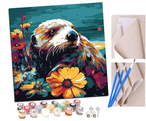 Malen Nach Zahlen Erwachsene Seeotter Sonnenblume bunt (2) DIY Handgemalt Ölgemälde Leinwand Kits Mit Pinsels und Acrylfarbe Als Geschenke und Heimdekoration Ohne Rahmen 40 x 40 cm von SENDJJ